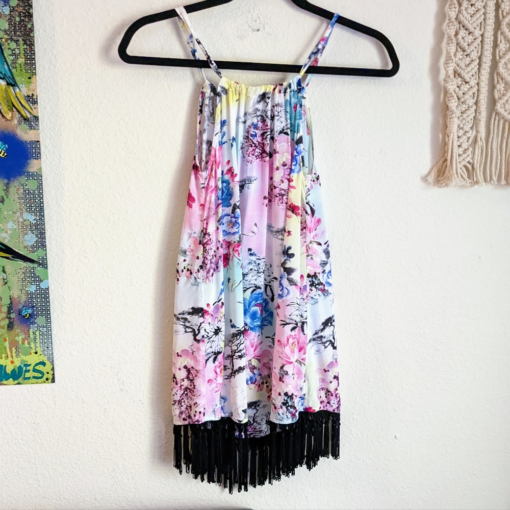 Seafolly Floral High Neck Tassel Tank Top Swim Cover-Up Sz 10